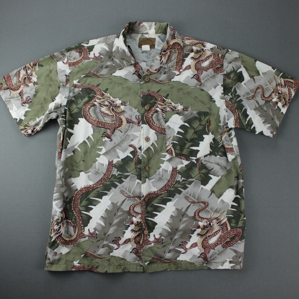 Bullhead Vintage Hawaiian Shirt Mens L Green Brown Cotton Short Sleeve